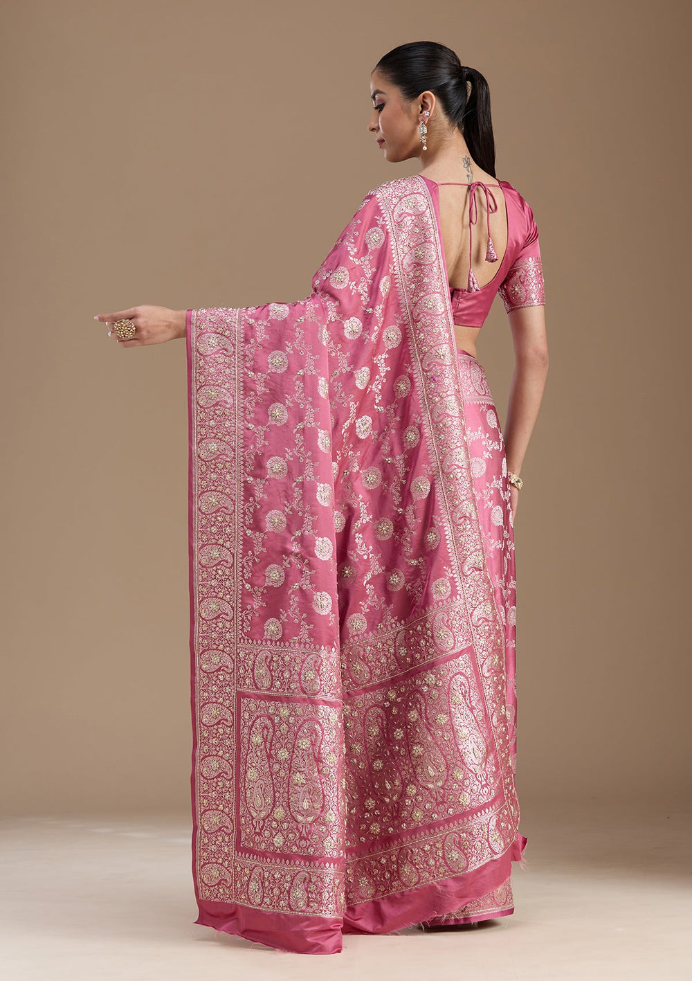 Onion Pink Zardozi (Silver) Art Silk Silk_Saree-koskii