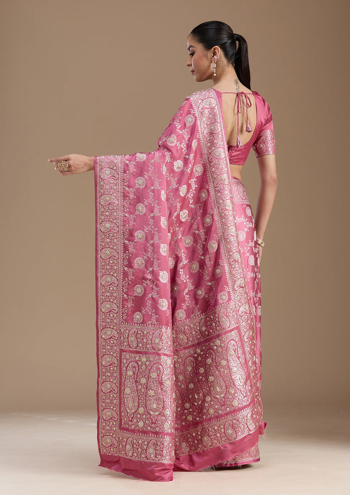 Onion Pink Zardozi (Silver) Art Silk Silk_Saree-koskii