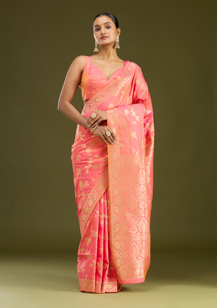 Peach Zariwork (Gold) Art Silk Silk Saree