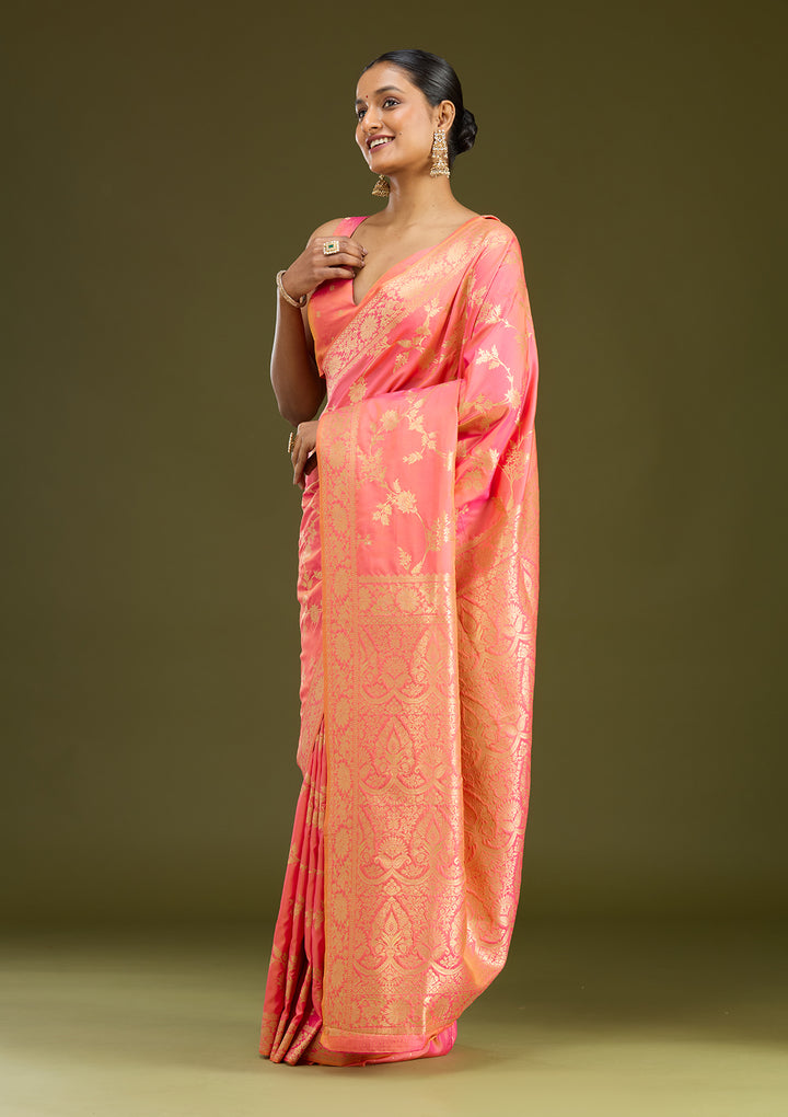 Peach Zariwork (Gold) Art Silk Silk Saree