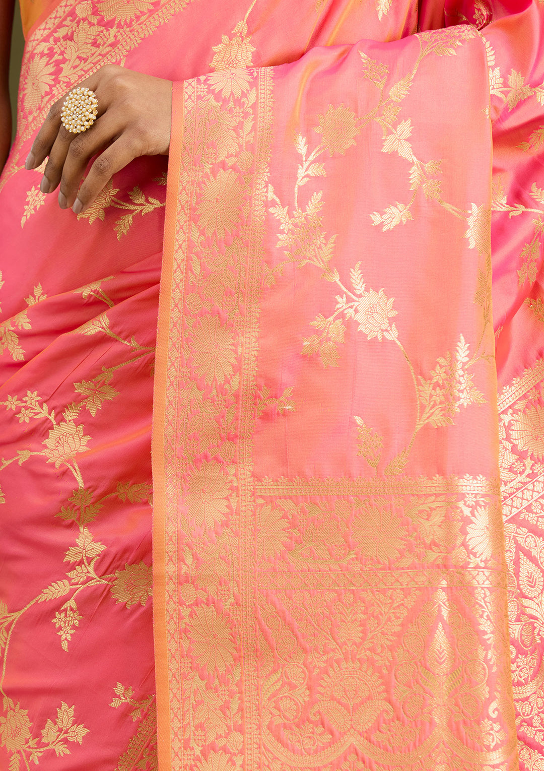 Peach Zariwork (Gold) Art Silk Silk Saree