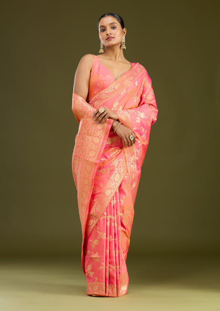 Peach Zariwork (Gold) Art Silk Silk Saree