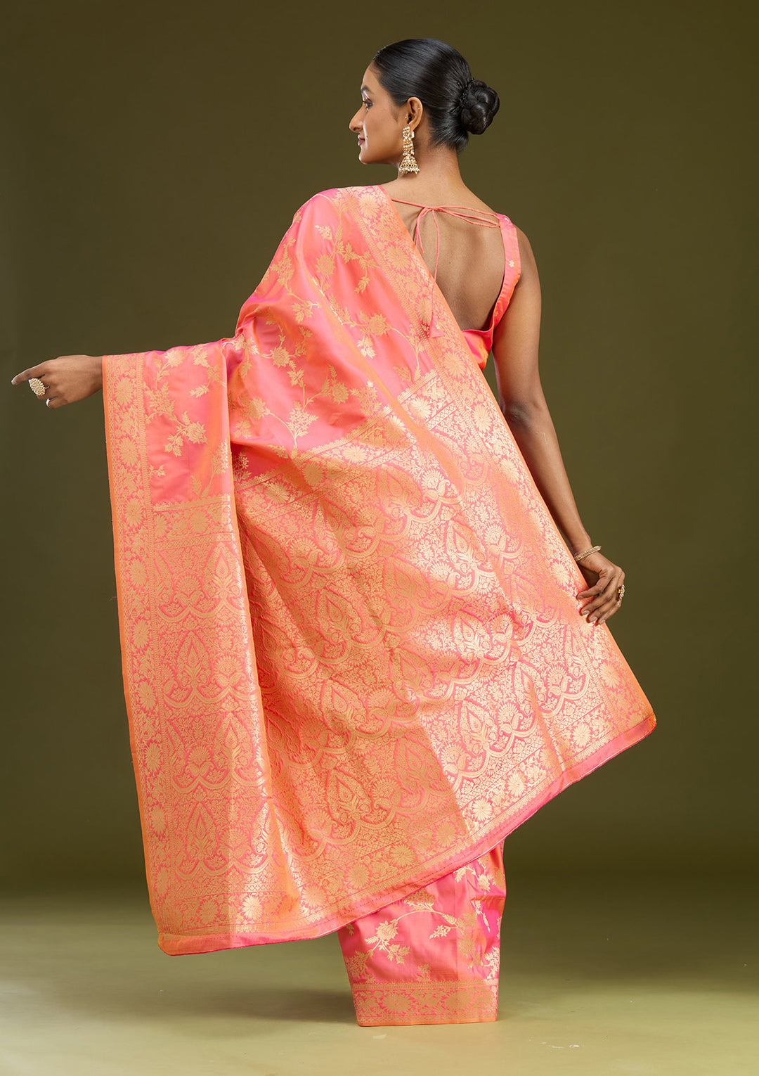 Peach Zariwork (Gold) Art Silk Silk Saree