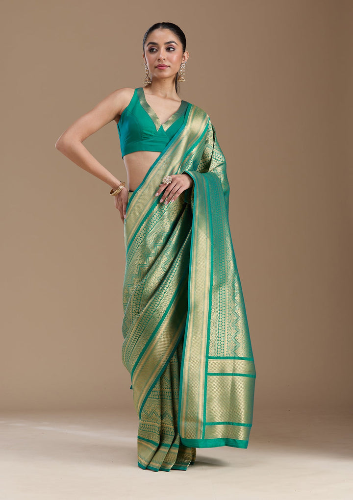 Bottle Green Zariwork Art Silk Saree-koskii