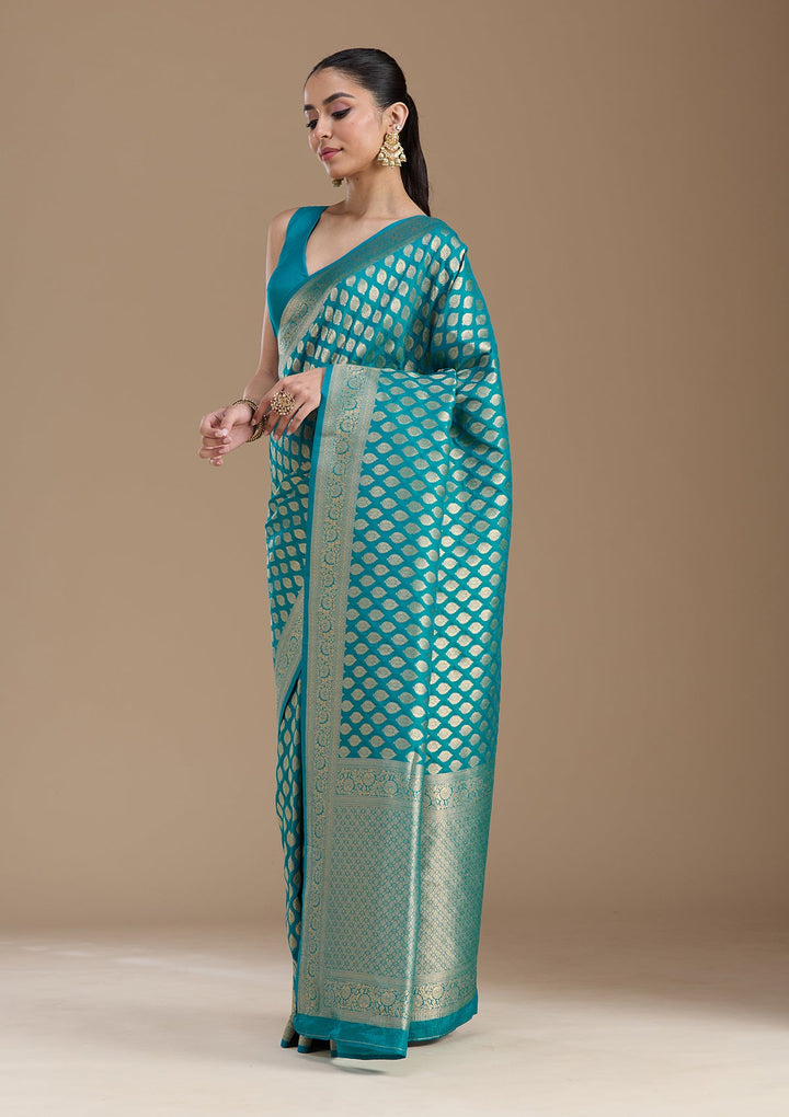 Turquoise Blue Zariwork Art Silk Saree-koskii