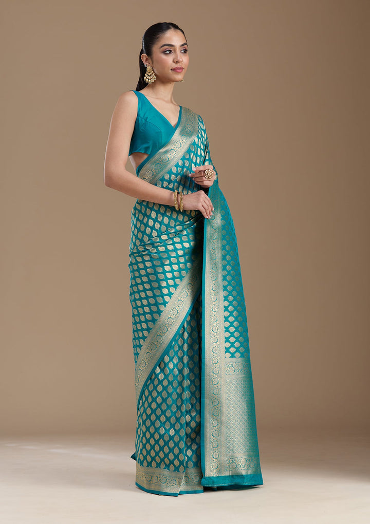 Turquoise Blue Zariwork Art Silk Saree-koskii