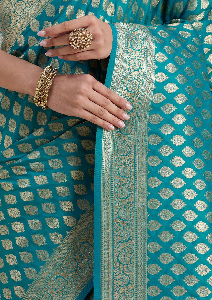 Turquoise Blue Zariwork Art Silk Saree-koskii