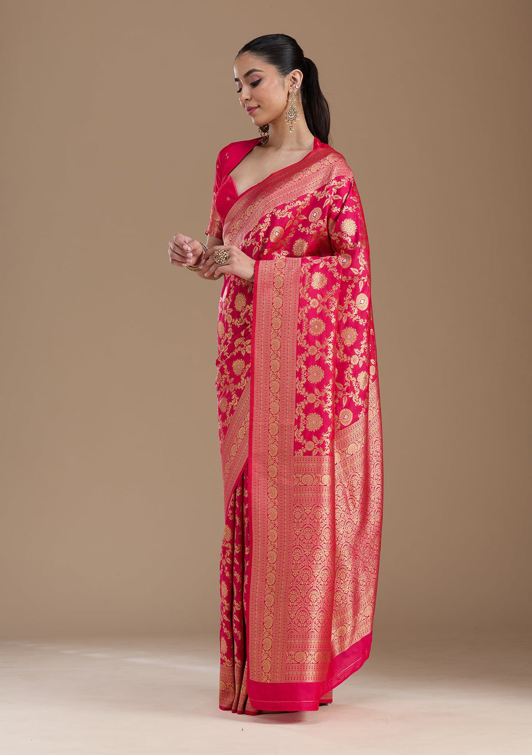 Rani Pink Zariwork Art Silk Saree-koskii
