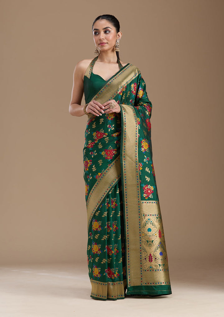Bottle Green Zariwork Art Silk Saree-koskii