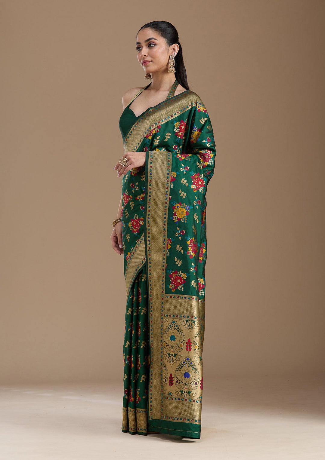 Bottle Green Zariwork Art Silk Saree-koskii