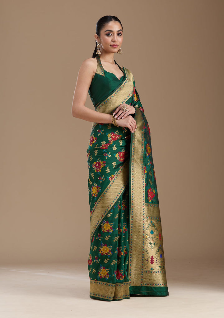 Bottle Green Zariwork Art Silk Saree-koskii
