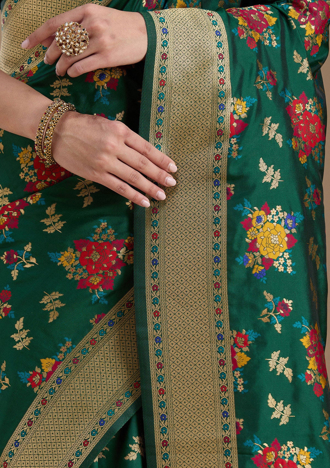 Bottle Green Zariwork Art Silk Saree-koskii