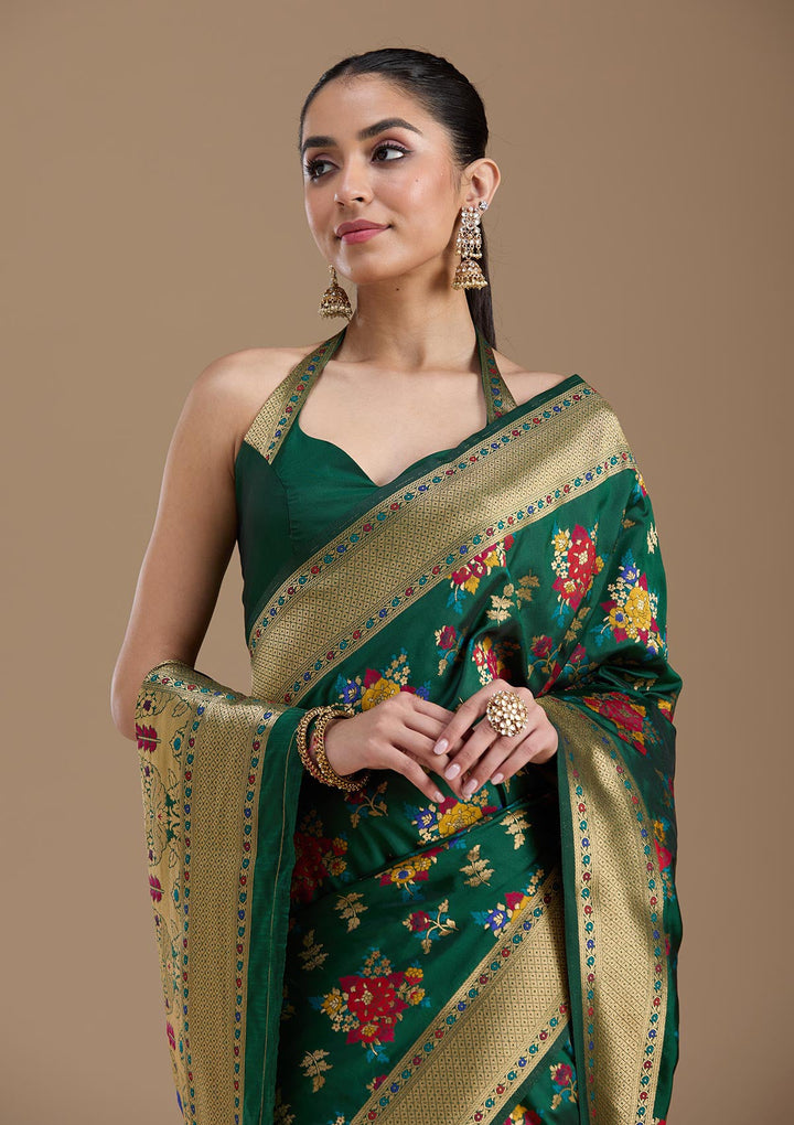 Bottle Green Zariwork Art Silk Saree-koskii