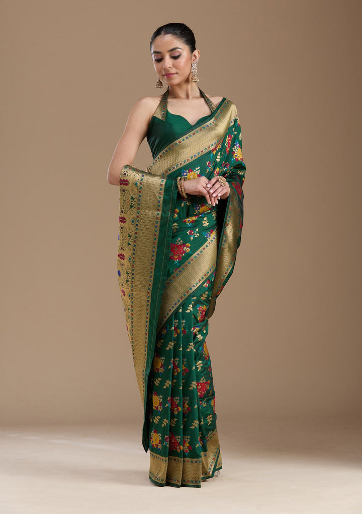 Bottle Green Zariwork Art Silk Saree-koskii