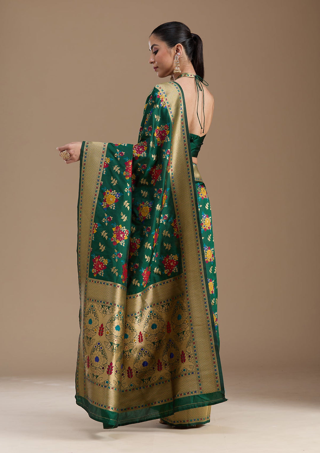 Bottle Green Zariwork Art Silk Saree-koskii