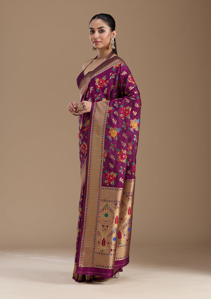 Wine Zariwork Art Silk Saree-koskii