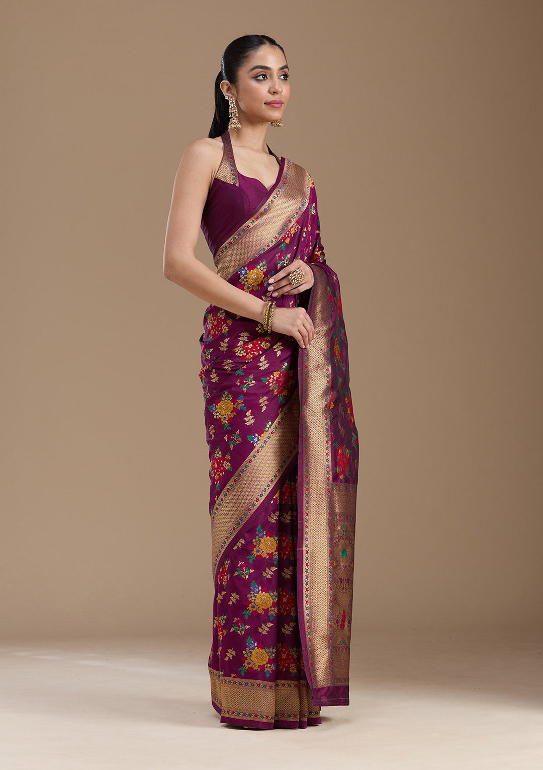 Wine Zariwork Art Silk Saree-koskii
