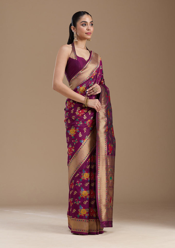 Wine Zariwork Art Silk Saree-koskii