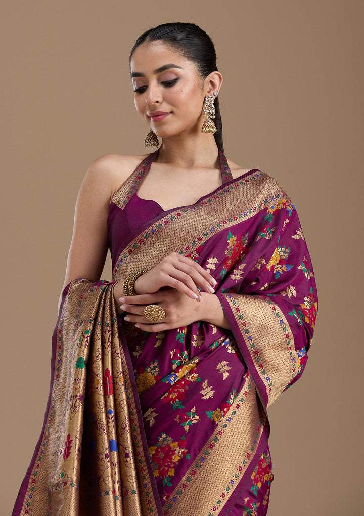 Wine Zariwork Art Silk Saree-koskii