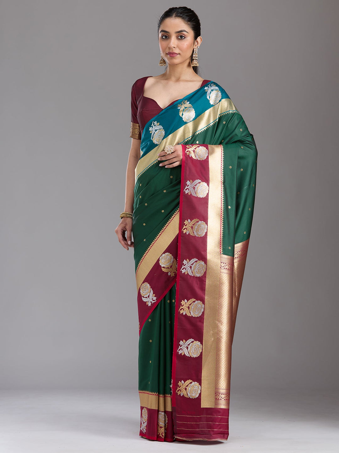 Bottle Green Zariwork Art Silk Saree-koskii