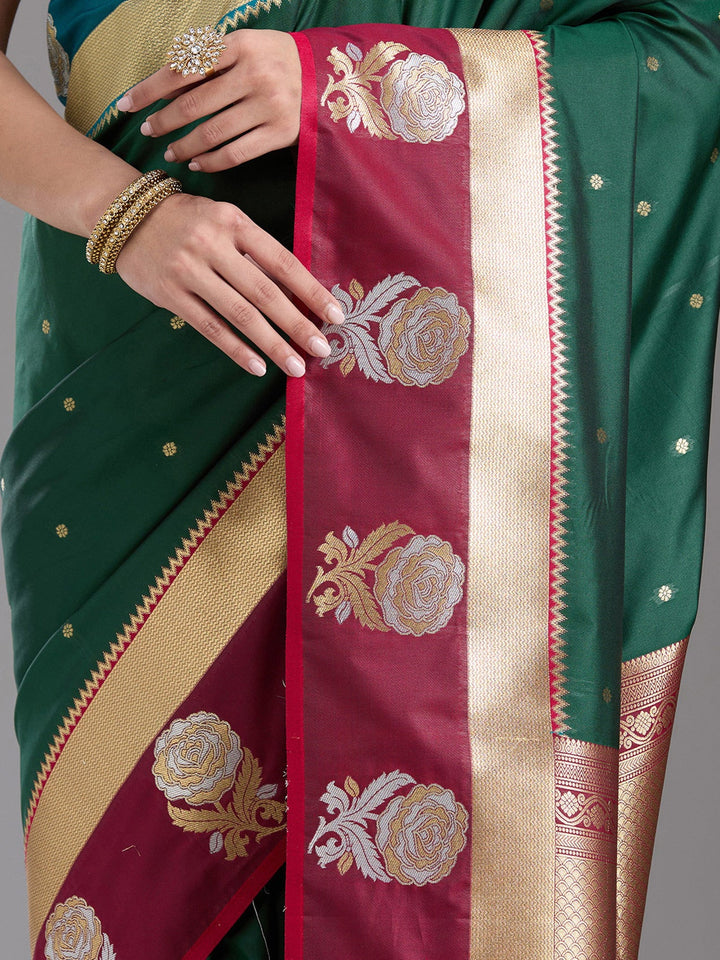 Bottle Green Zariwork Art Silk Saree-koskii