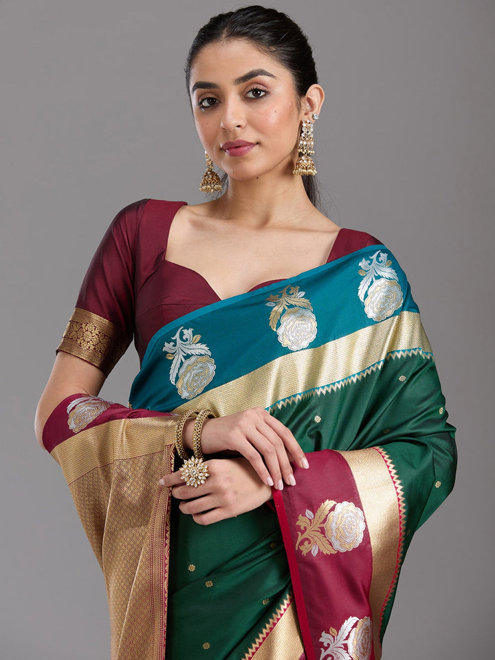 Bottle Green Zariwork Art Silk Saree-koskii