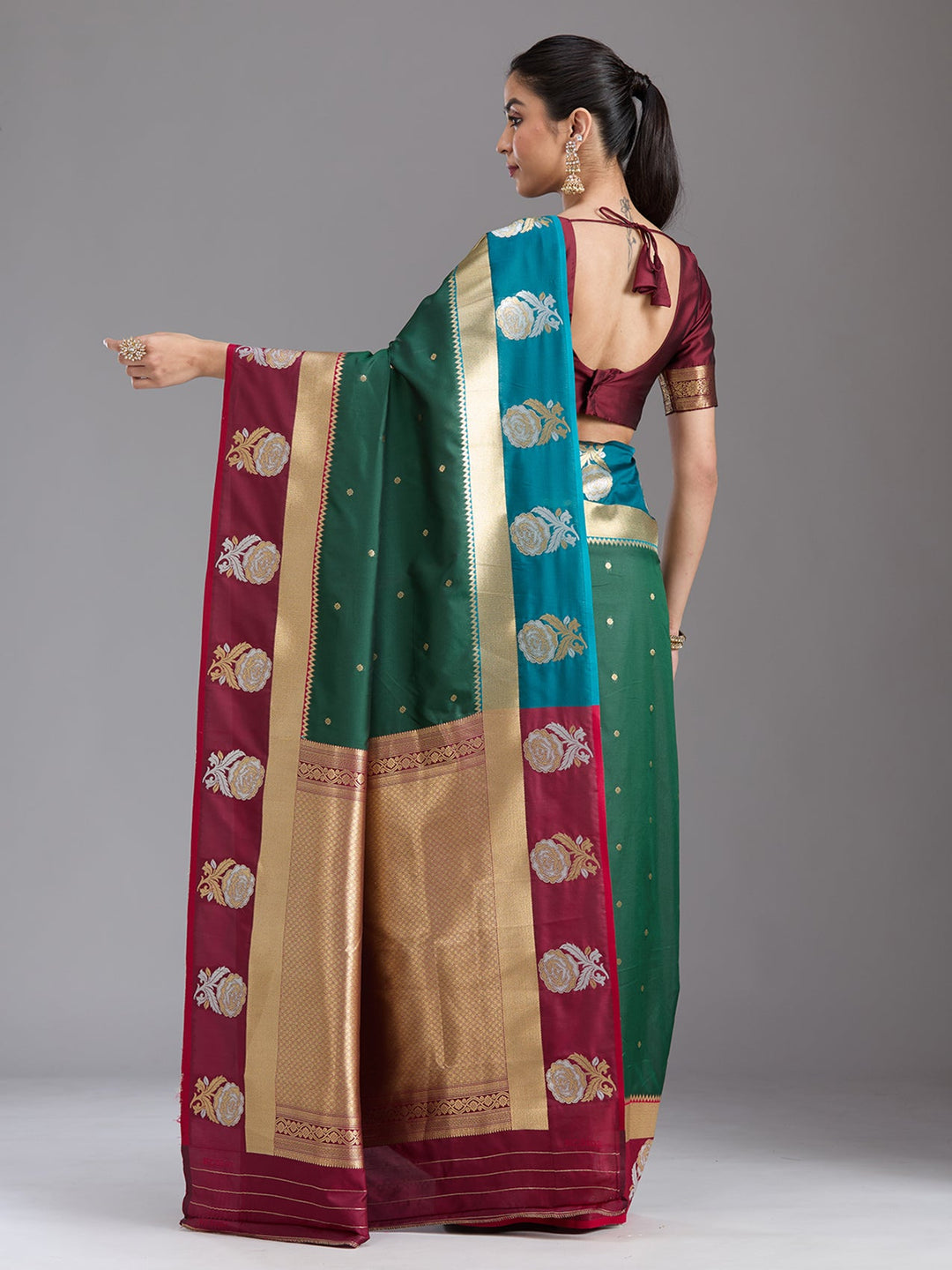 Bottle Green Zariwork Art Silk Saree-koskii