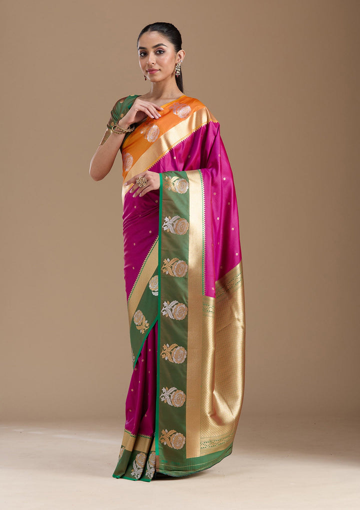 Magenta Pink Zariwork Art Silk Saree-koskii