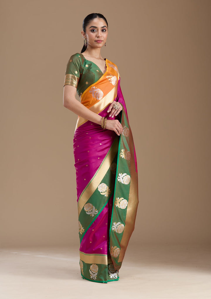 Magenta Pink Zariwork Art Silk Saree-koskii