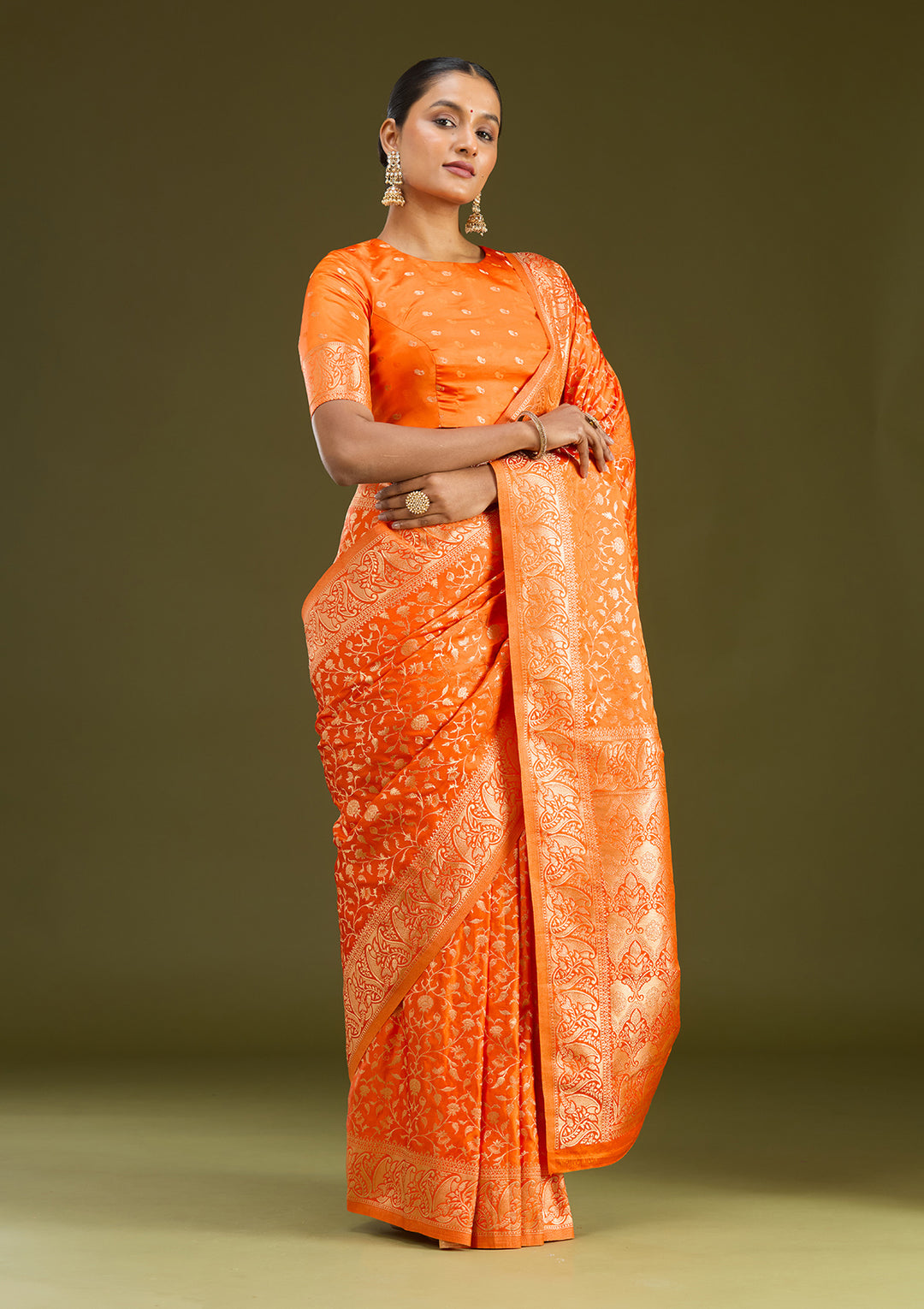 Orange Zariwork (Gold) Art Silk Silk Saree
