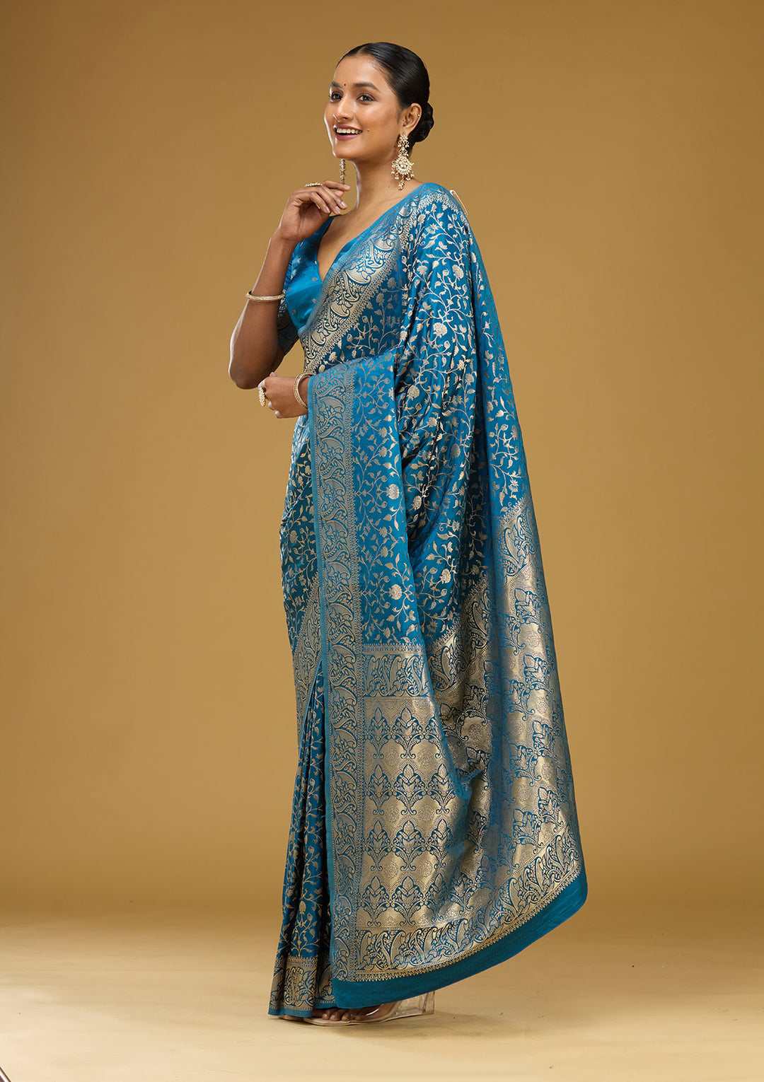 Turquoise Blue Zariwork (Gold) Art Silk Silk Saree