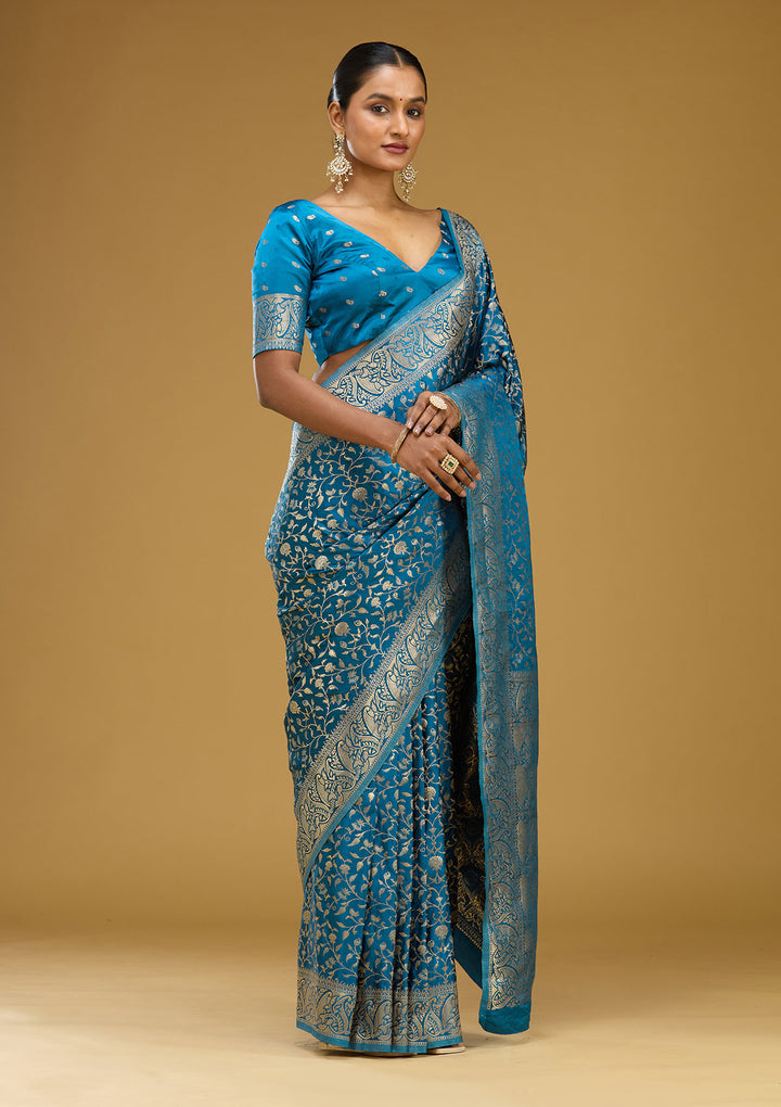 Turquoise Blue Zariwork (Gold) Art Silk Silk Saree