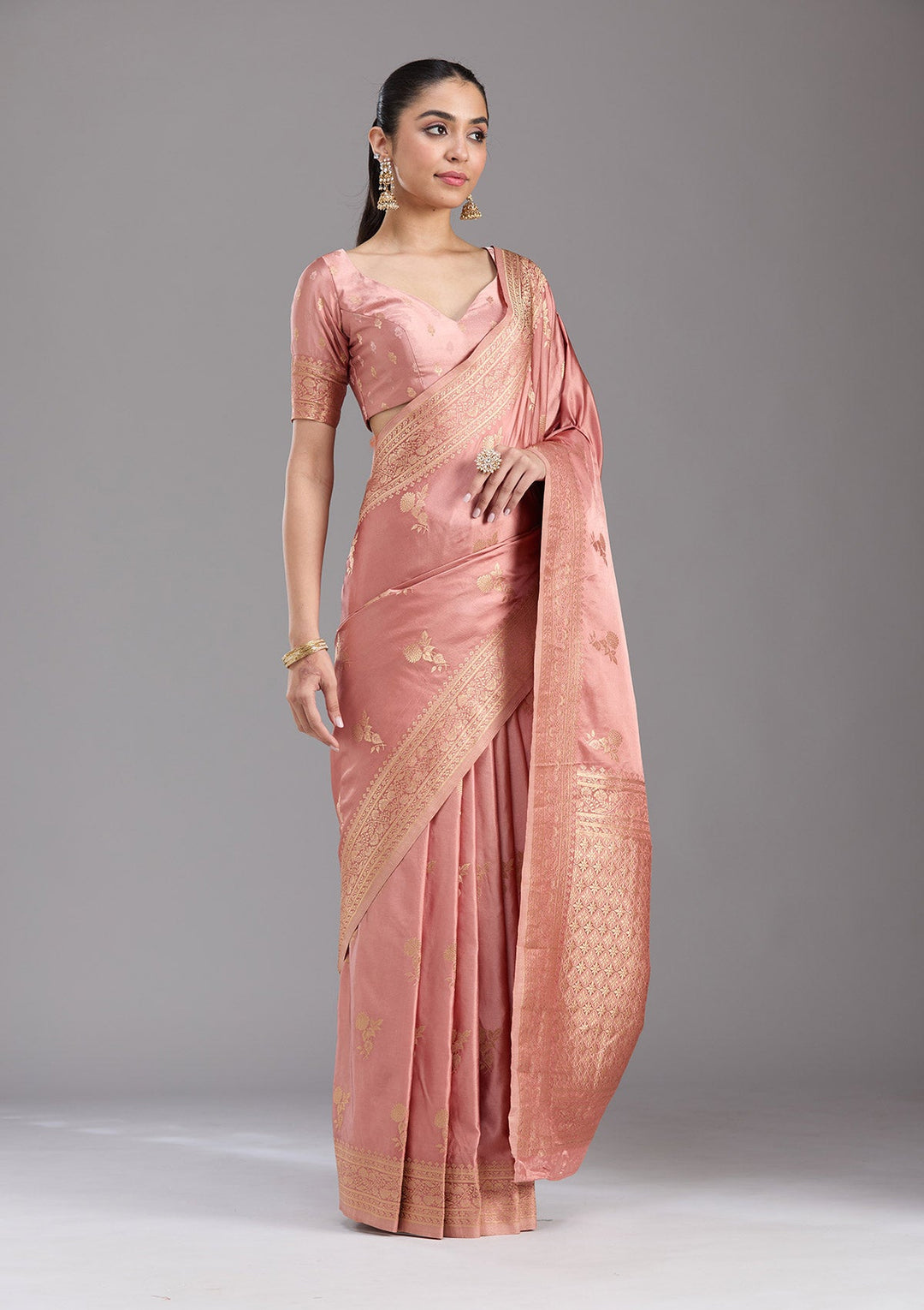 Onion Pink Zariwork Art Silk Saree-koskii