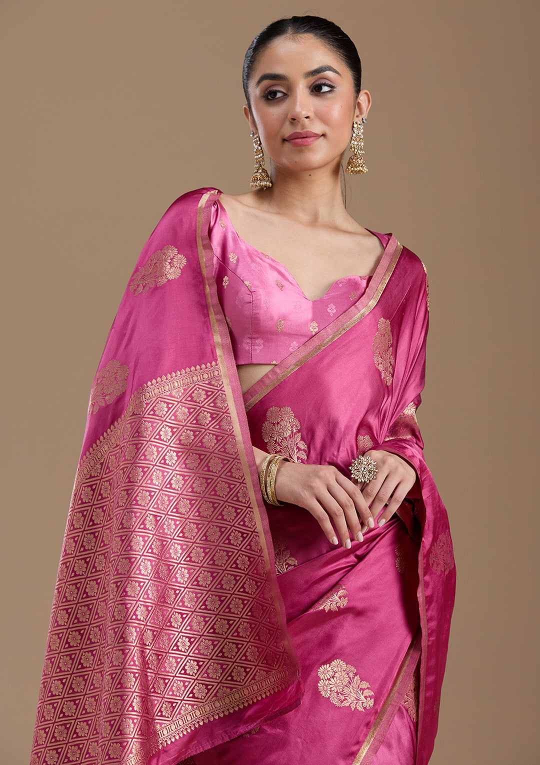 Onion Pink Zariwork Art Silk Saree-koskii