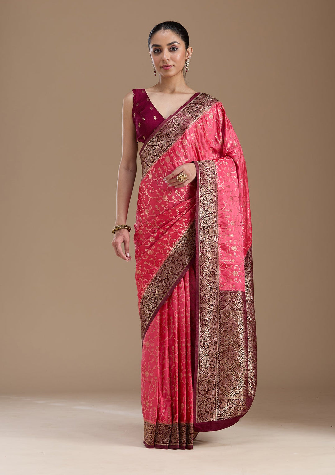 Rani Pink Zariwork Art Silk Saree-koskii