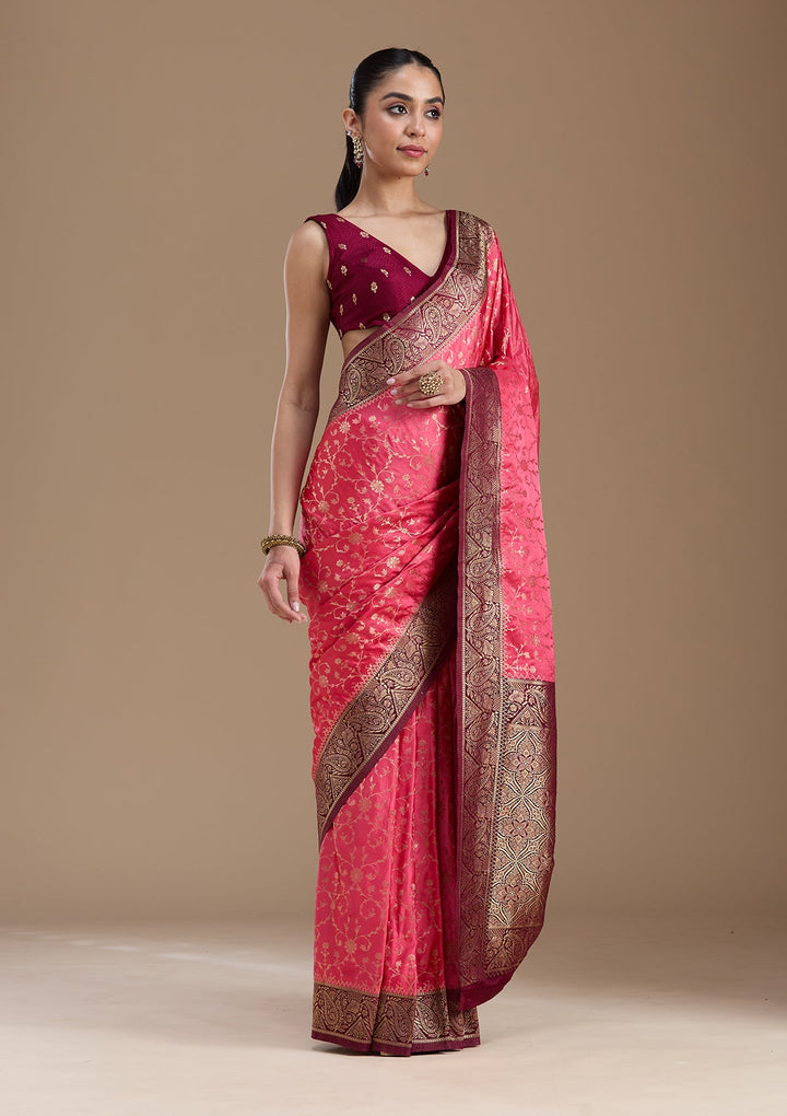 Rani Pink Zariwork Art Silk Saree-koskii
