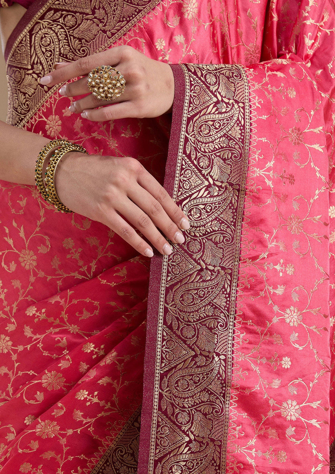Rani Pink Zariwork Art Silk Saree-koskii