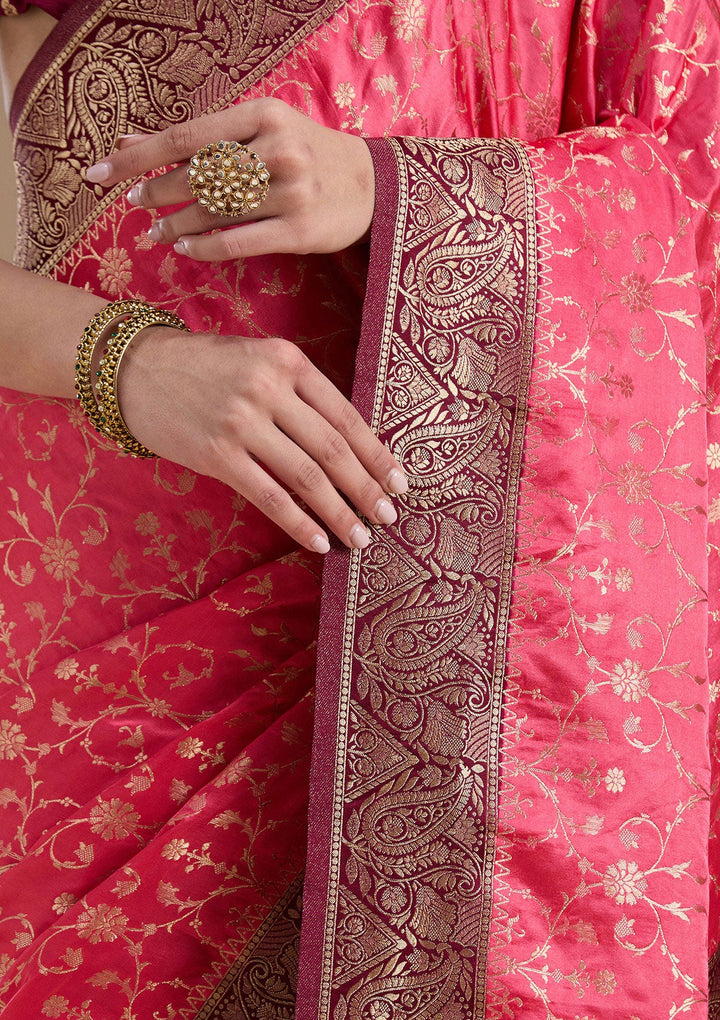 Rani Pink Zariwork Art Silk Saree-koskii