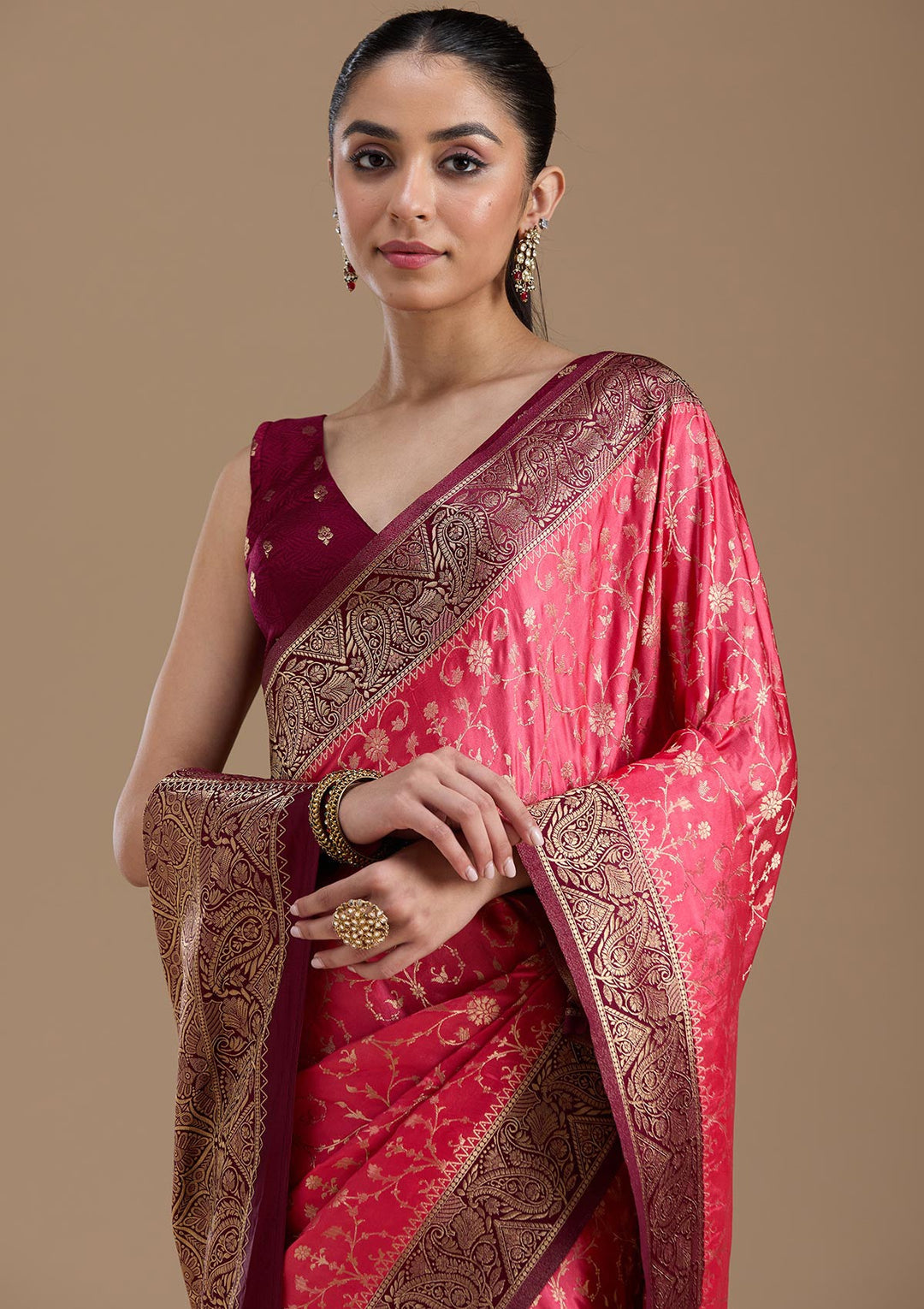 Rani Pink Zariwork Art Silk Saree-koskii