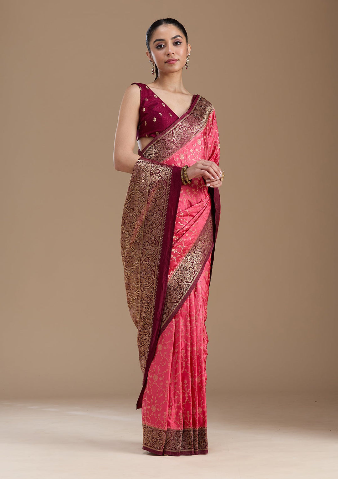 Rani Pink Zariwork Art Silk Saree-koskii