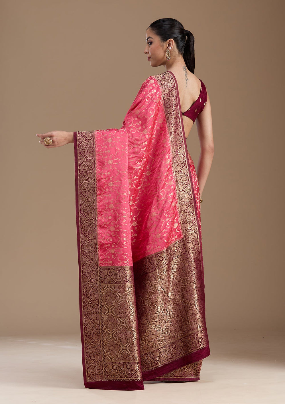 Rani Pink Zariwork Art Silk Saree-koskii