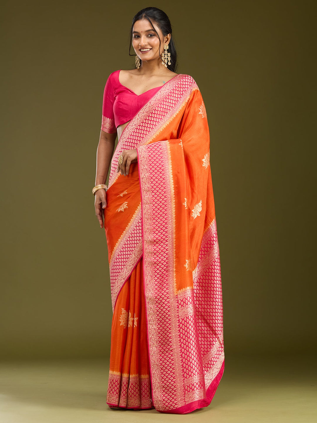 Orange Zariwork (Silver) Art Silk Saree