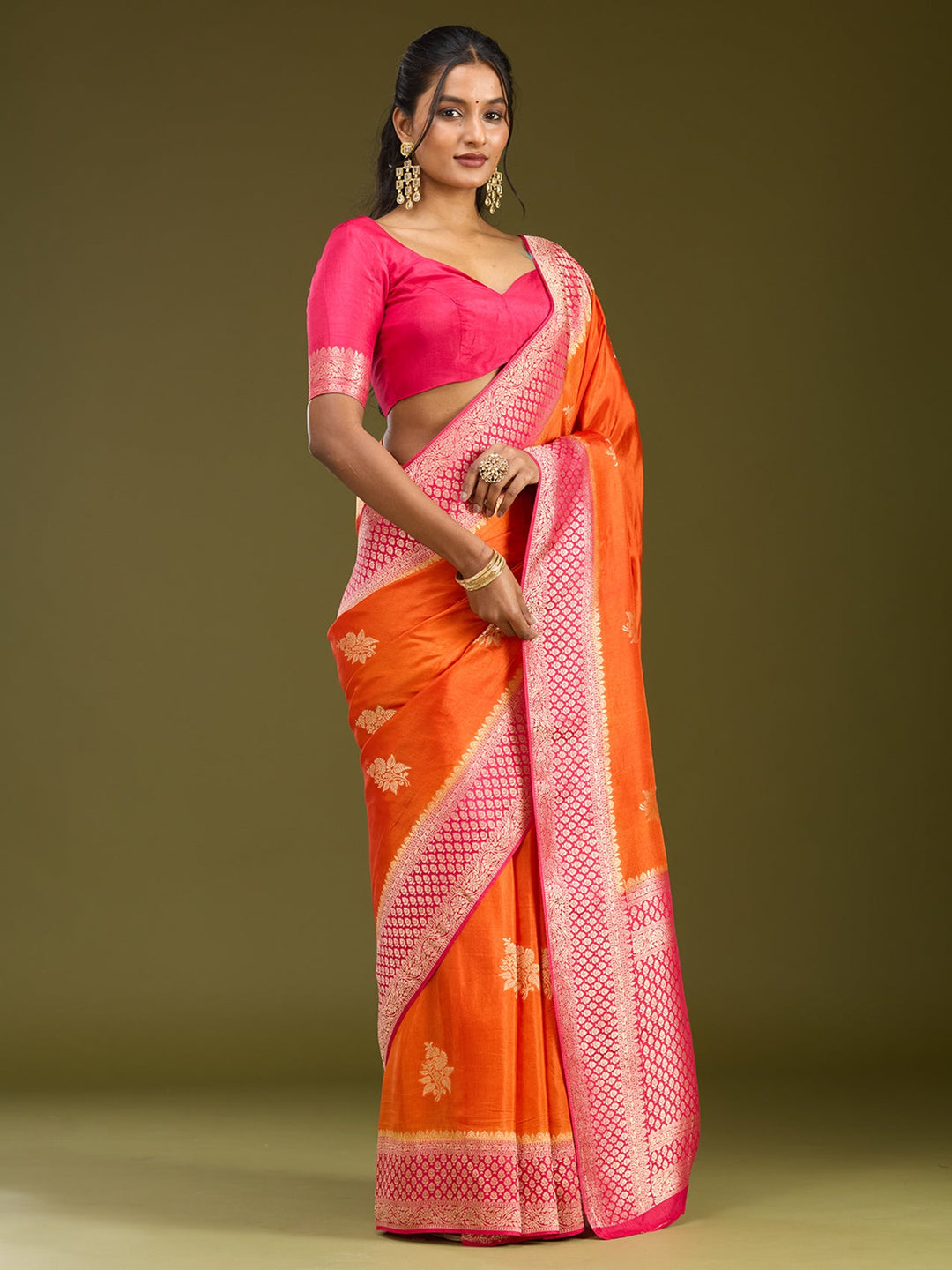 Orange Zariwork (Silver) Art Silk Saree