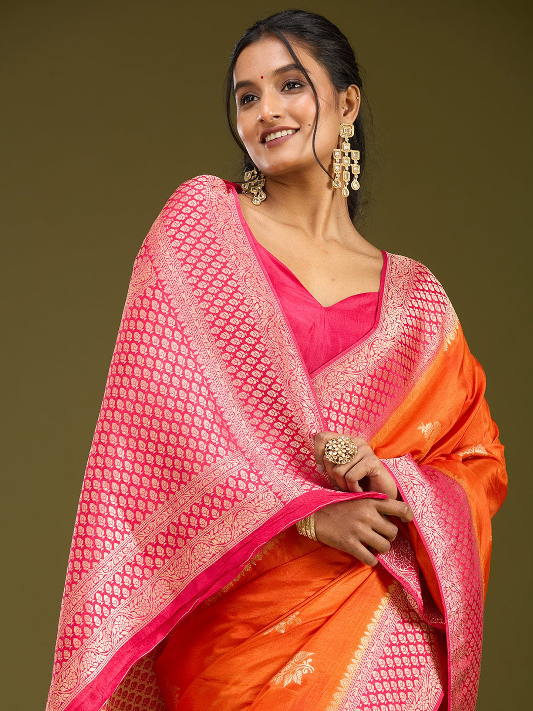 Orange Zariwork (Silver) Art Silk Saree