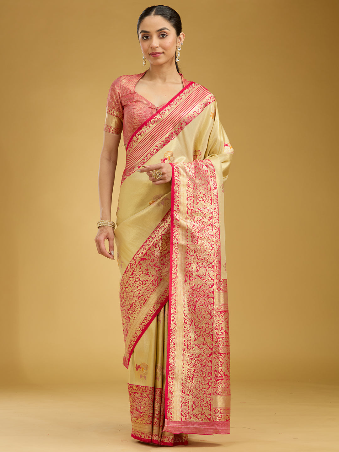 Cream Zariwork Art Silk Silk Saree