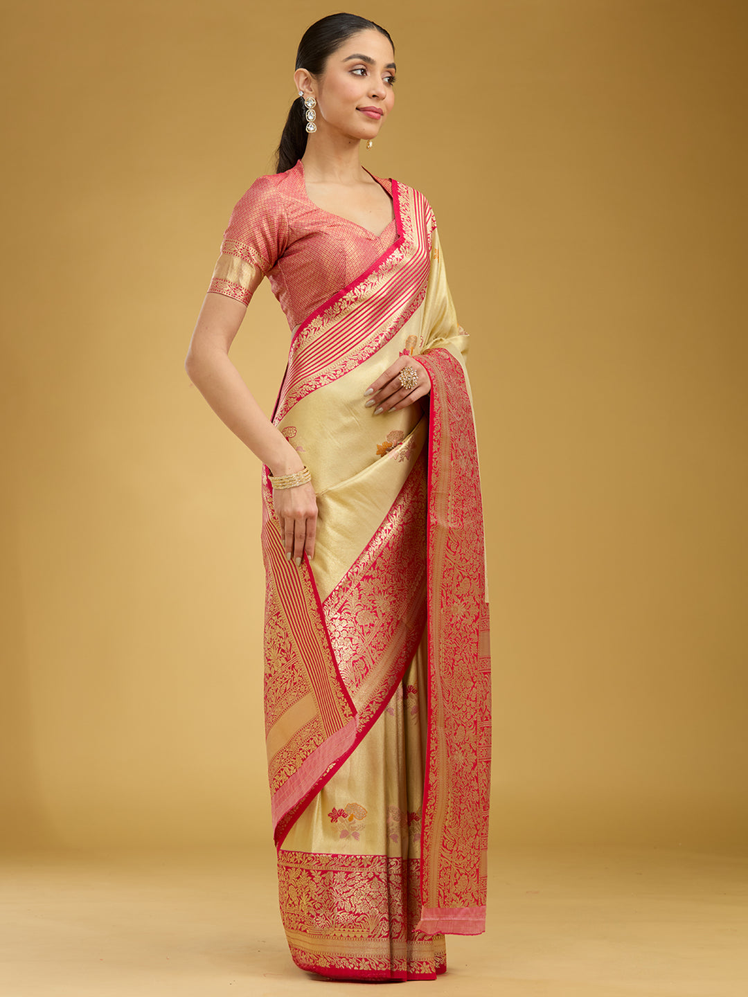 Cream Zariwork Art Silk Silk Saree