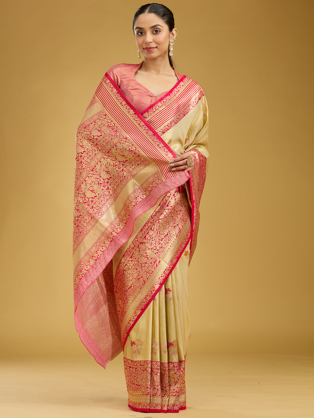 Cream Zariwork Art Silk Silk Saree