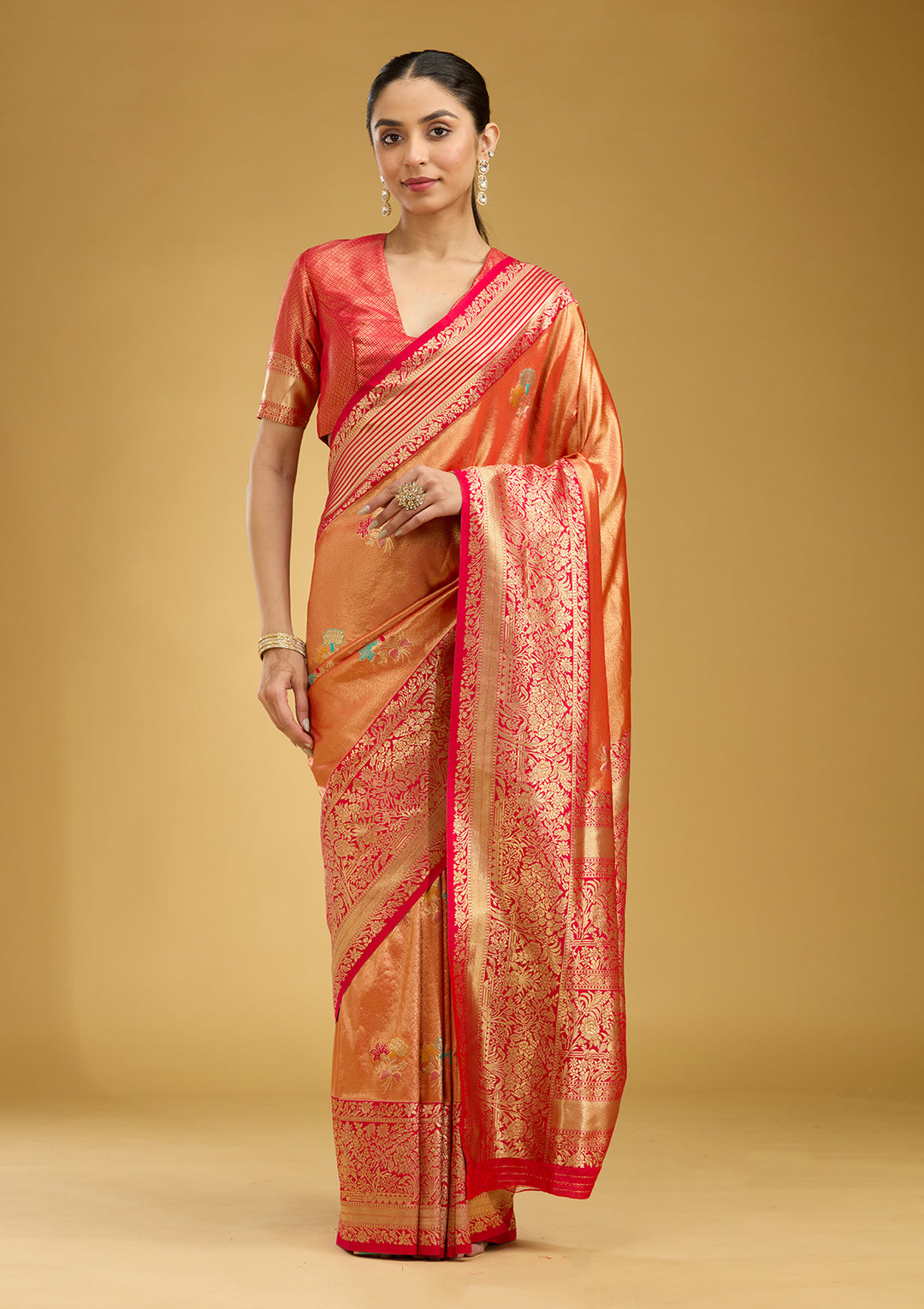 Rust Zariwork Art Silk Silk Saree