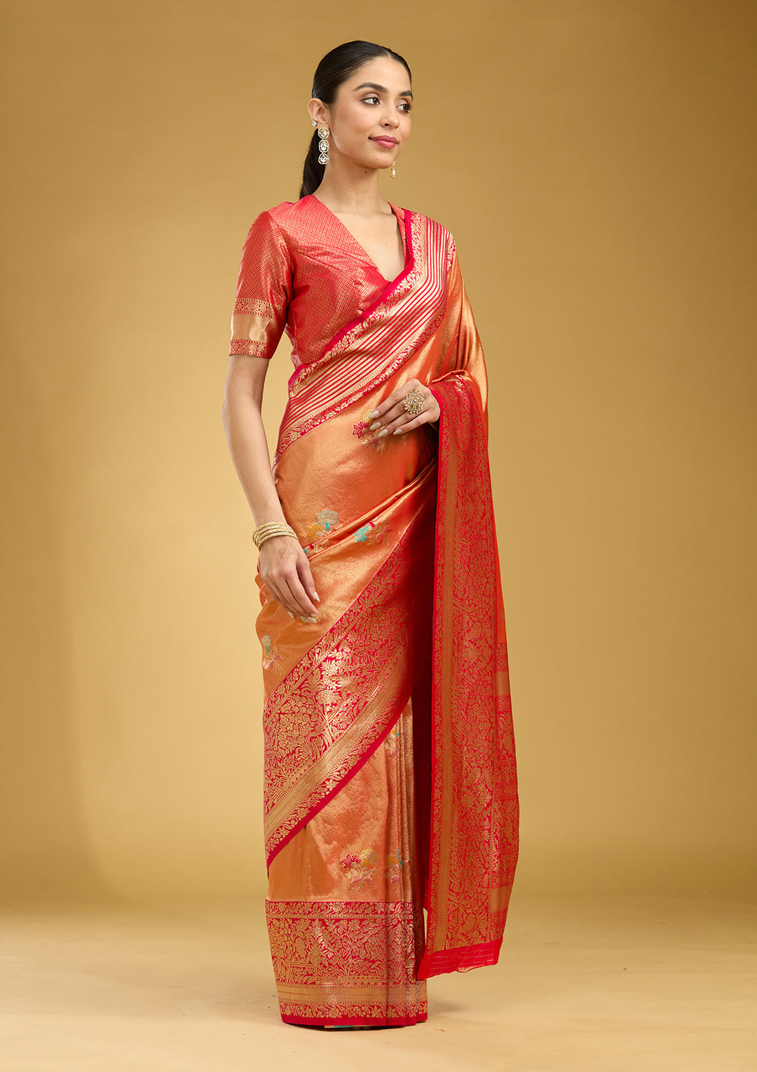 Rust Zariwork Art Silk Silk Saree