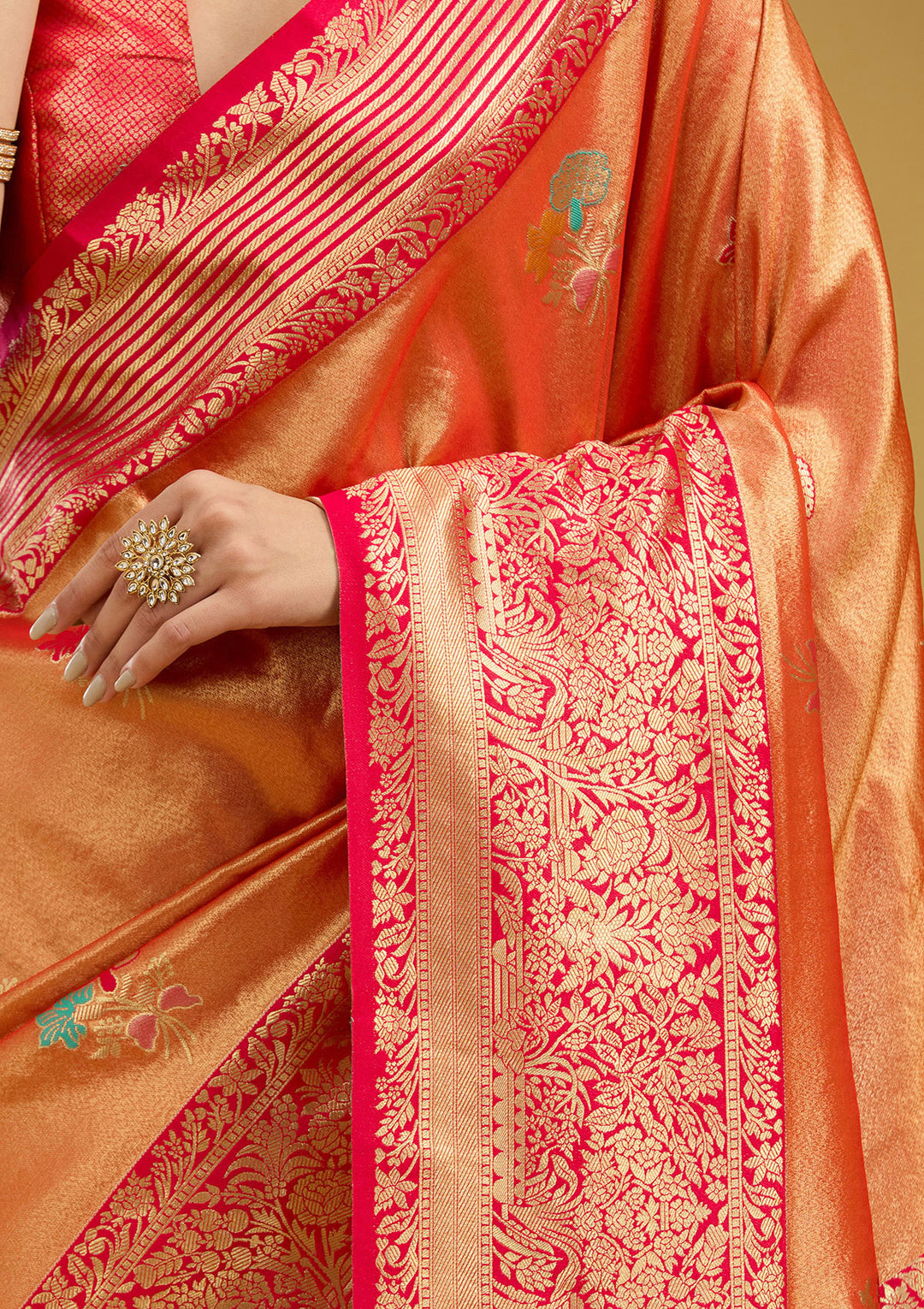 Rust Zariwork Art Silk Silk Saree